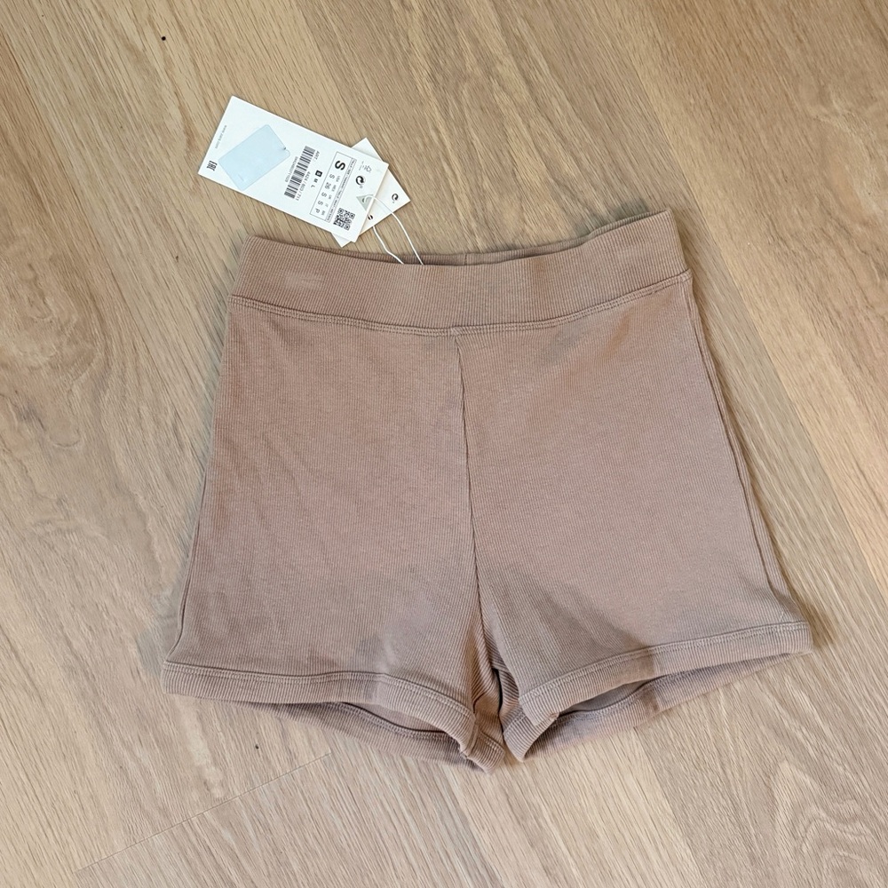 Zara High-Waist Ribbed Nude Tan Taupe Stretch Shorts XS S